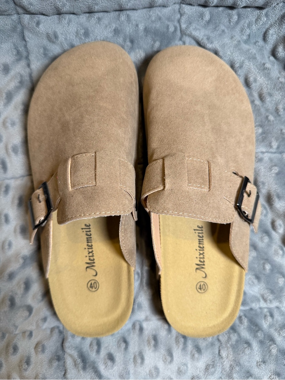 Amazon Men’s Taupe Suede Slide Clogs with Buckle. Similar to the Boston style.